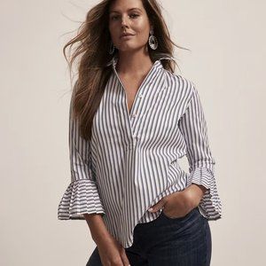 Chicos Poplin Pleat Sleeve Stripe Top